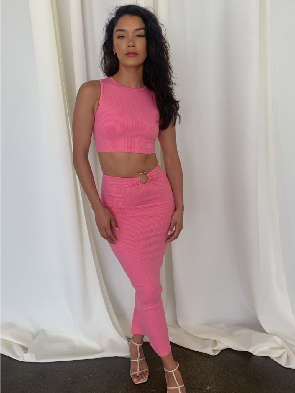 Ribbed Pink Midi Skirt with Ring Detail